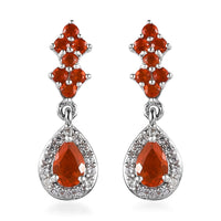 Mexican Fire Opal and White Zircon Dangling Earrings in Platinum Over Sterling Silver 1.25 ctw