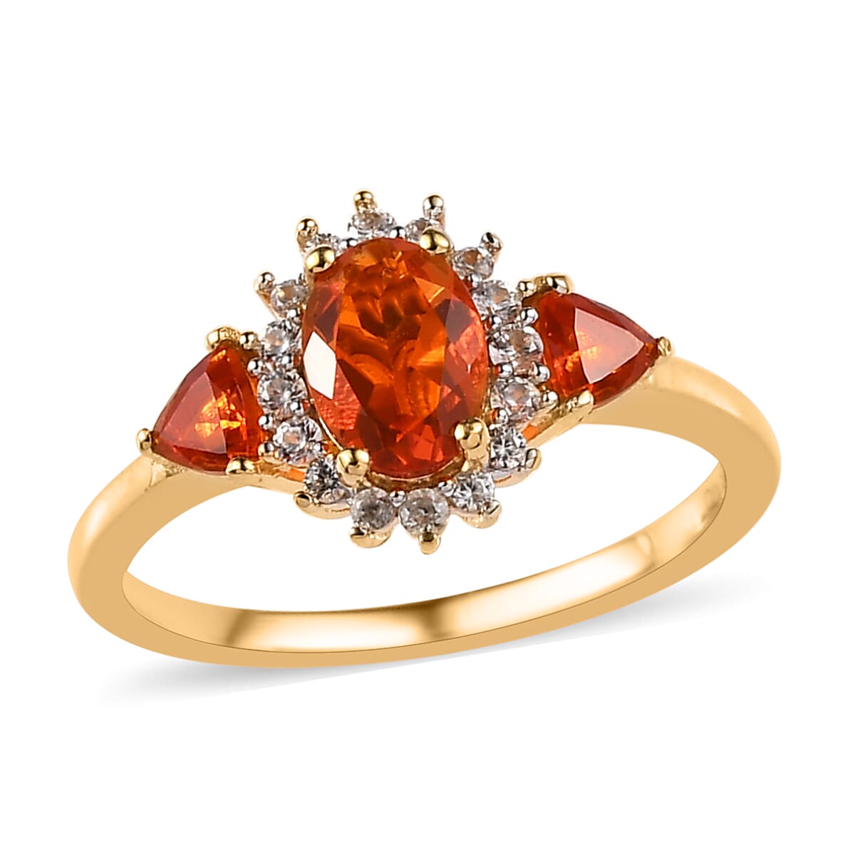 Mexican Fire Opal and White Zircon Floral Ring in Vermeil Yellow Gold Over Sterling Silver 0.90 ctw