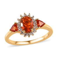 Mexican Fire Opal and White Zircon Floral Ring in Vermeil Yellow Gold Over Sterling Silver 0.90 ctw