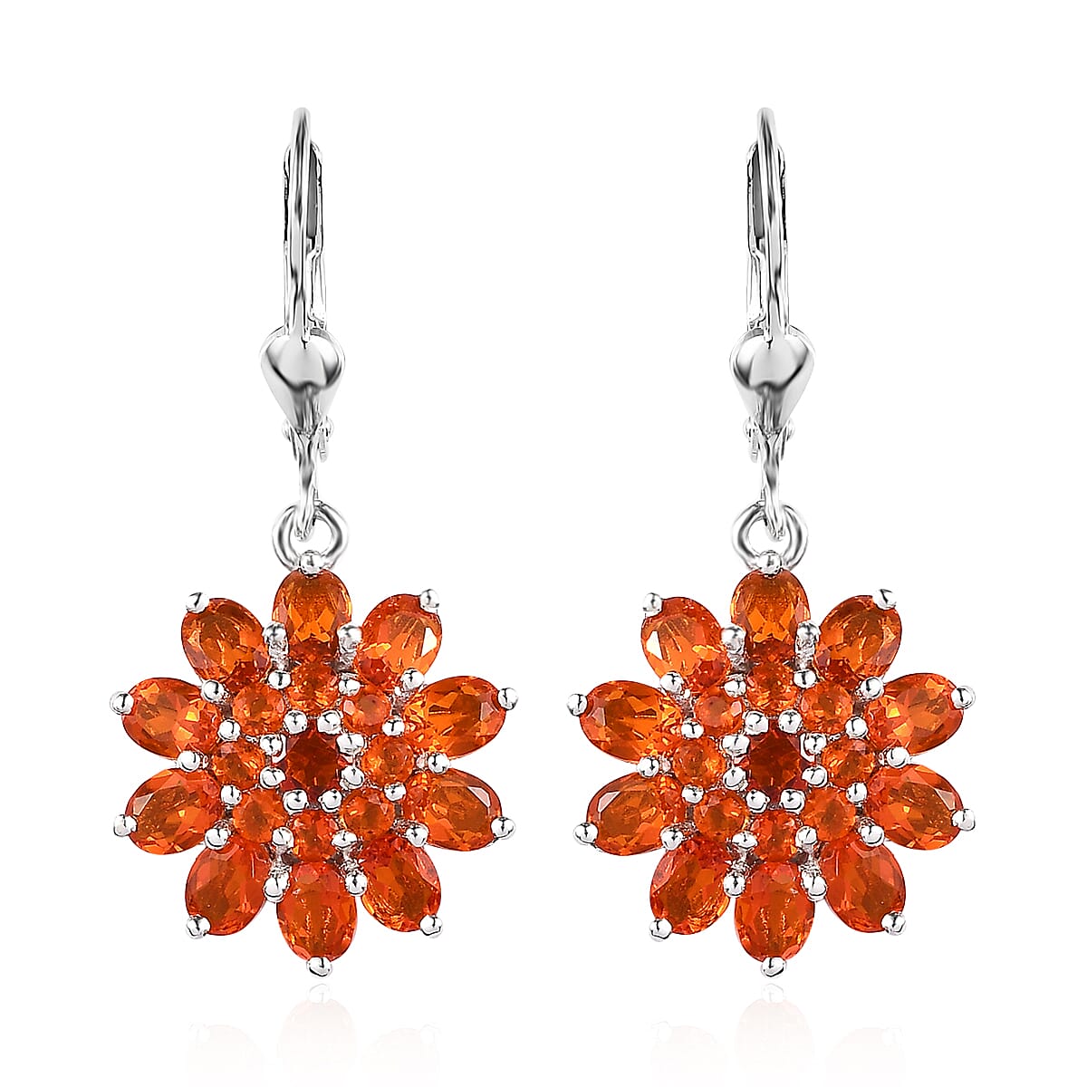 Mexican Fire Opal Lever Back Floral Earrings in Platinum Over Sterling Silver 2.90 ctw