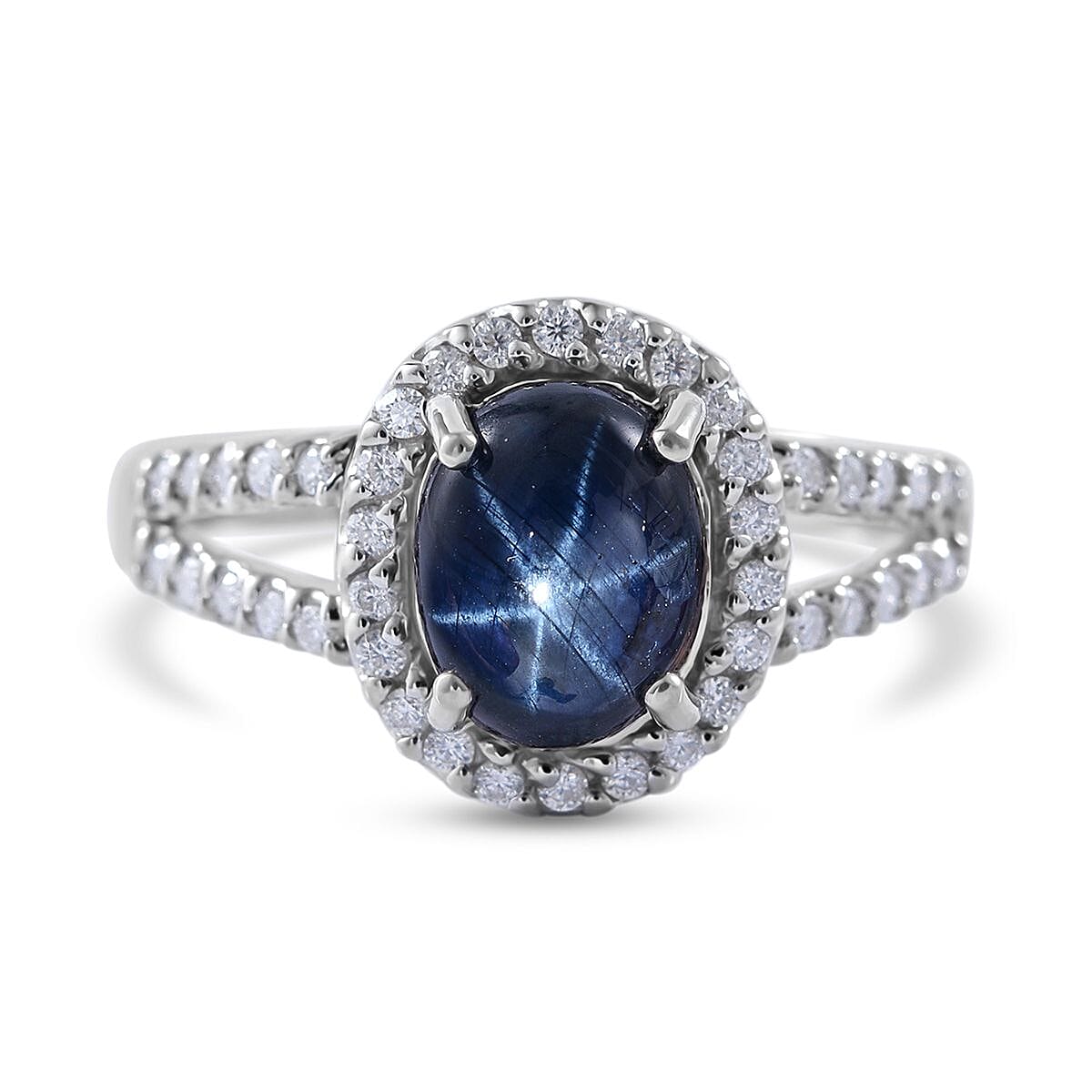Blue Star Sapphire (DF) and Moissanite Split Shank Halo Ring in Platinum Over Sterling Silver 3.50 ctw