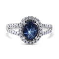 Blue Star Sapphire (DF) and Moissanite Split Shank Halo Ring in Platinum Over Sterling Silver 3.50 ctw - Sticky add to cart bar