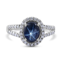 Blue Star Sapphire (DF) and Moissanite Split Shank Halo Ring in Platinum Over Sterling Silver 3.50 ctw