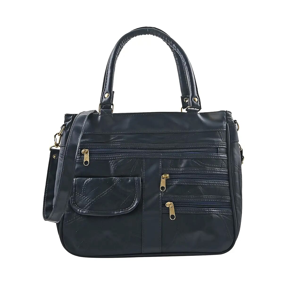 Blue Patch Leather Tote Bag Body with Faux Leather Trim