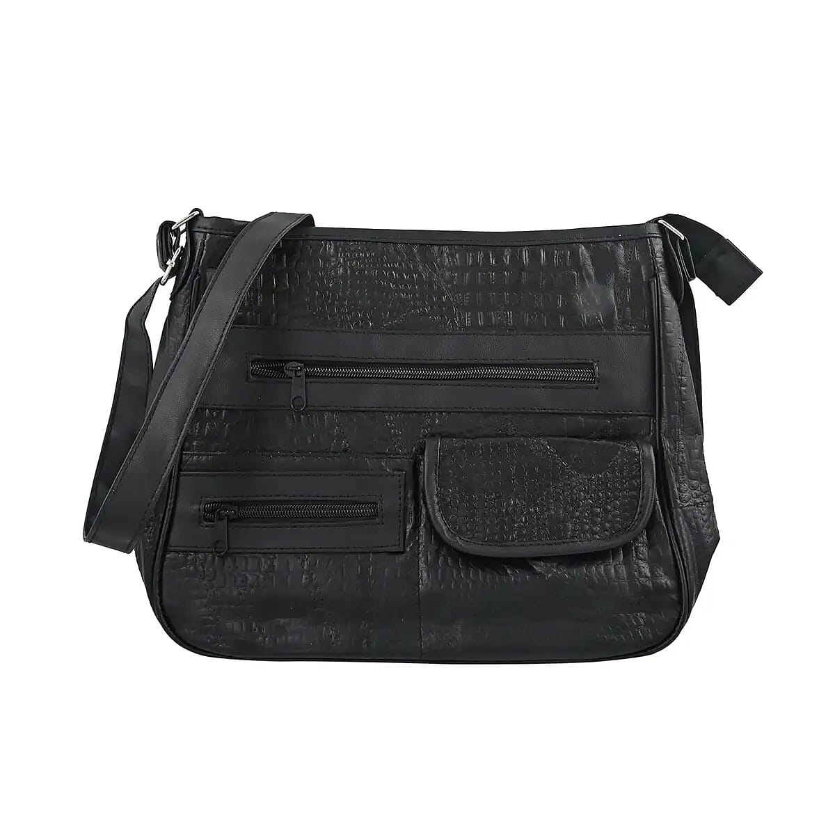 Black Crocodile Embossed Patch Leather Crossbody Bag Body with Faux Leather Trim