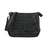 Black Crocodile Embossed Patch Leather Crossbody Bag Body with Faux Leather Trim