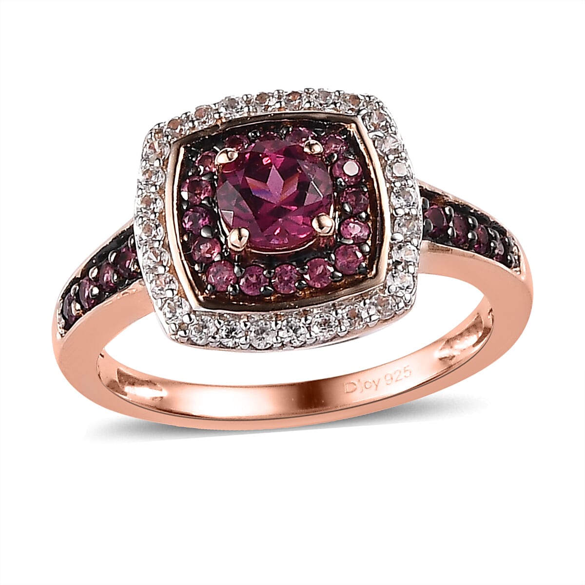 Tanzanian Rhodolite Garnet and White Zircon Double Halo Ring in Vermeil Rose Gold Over Sterling Silver 1.40 ctw