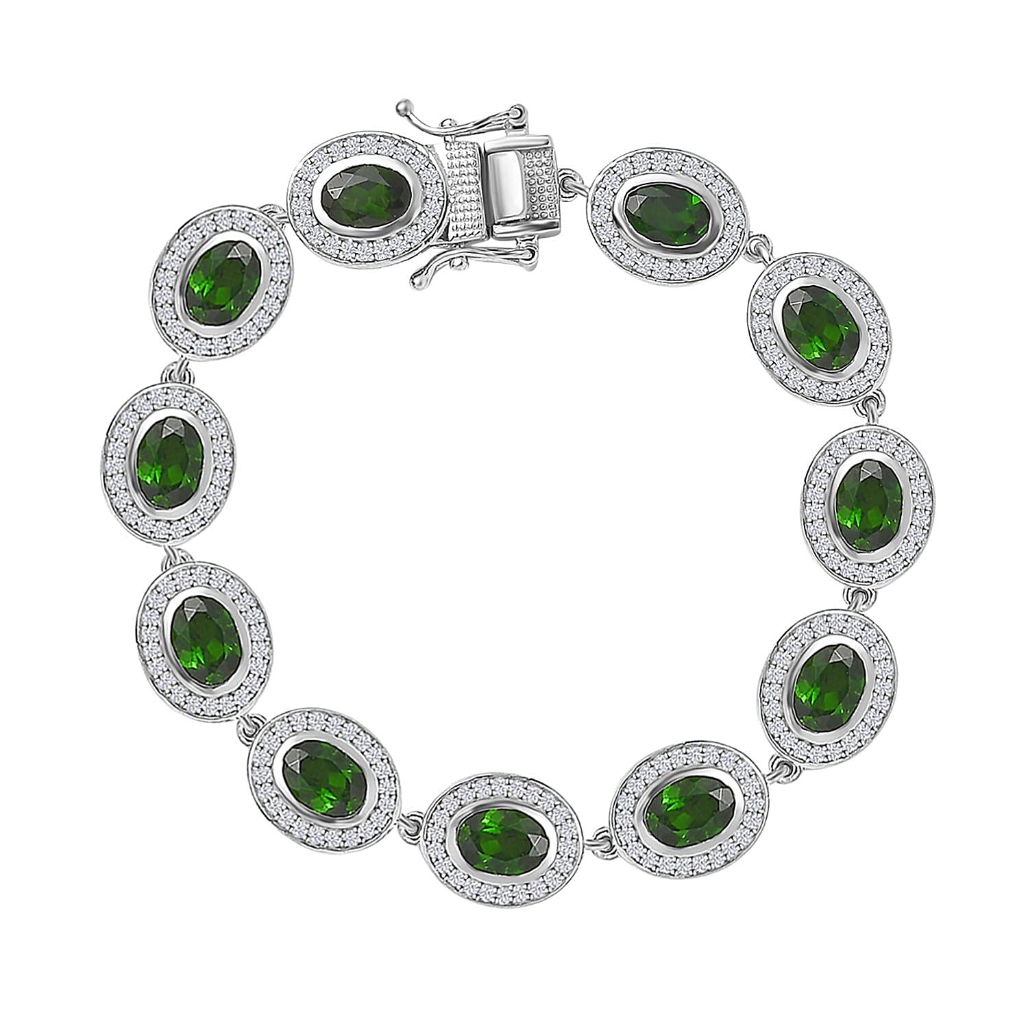 Natural Chrome Diopside and White Zircon Bracelet in Platinum Over Sterling Silver (6.50 In) 13.00 ctw