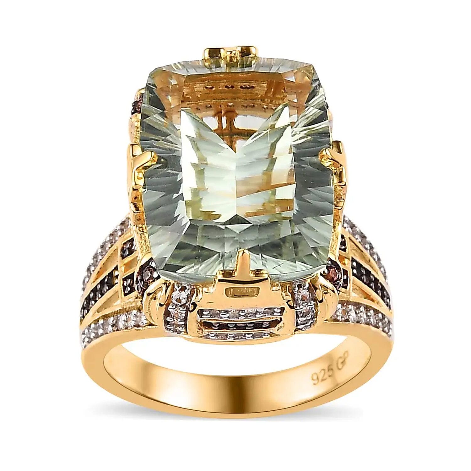 GP Art Deco Collection AAA Montezuma Prasiolite, Brown and White Zircon Ring in Vermeil Yellow Gold Over Sterling Silver 12.65 ctw (Del. in 5-7 Days)