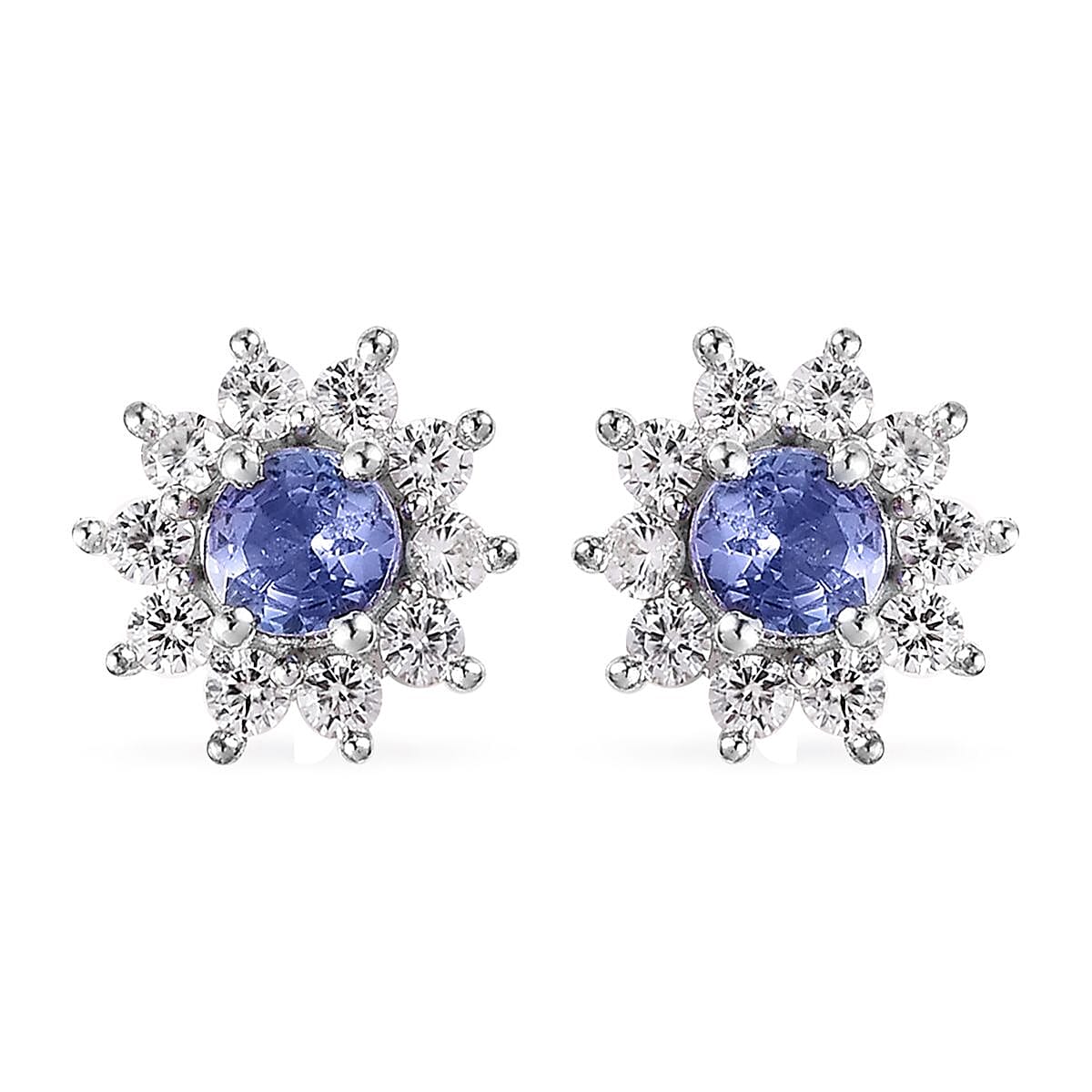 Tanzanite and White Zircon Sunburst Stud Earrings in Platinum Over Sterling Silver 1.15 ctw