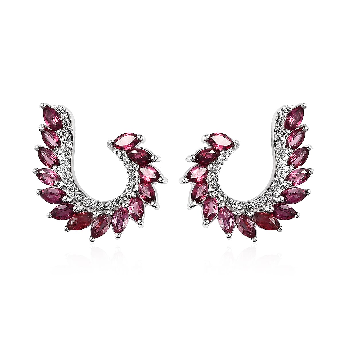 Tanzanian Rhodolite Garnet and White Zircon Earrings in Platinum Over Sterling Silver 3.20 ctw