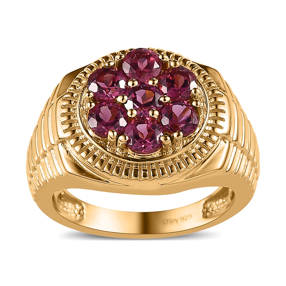 Tanzanian Rhodolite Garnet Men's Ring in Vermeil Yellow Gold Over Sterling Silver 2.30 ctw