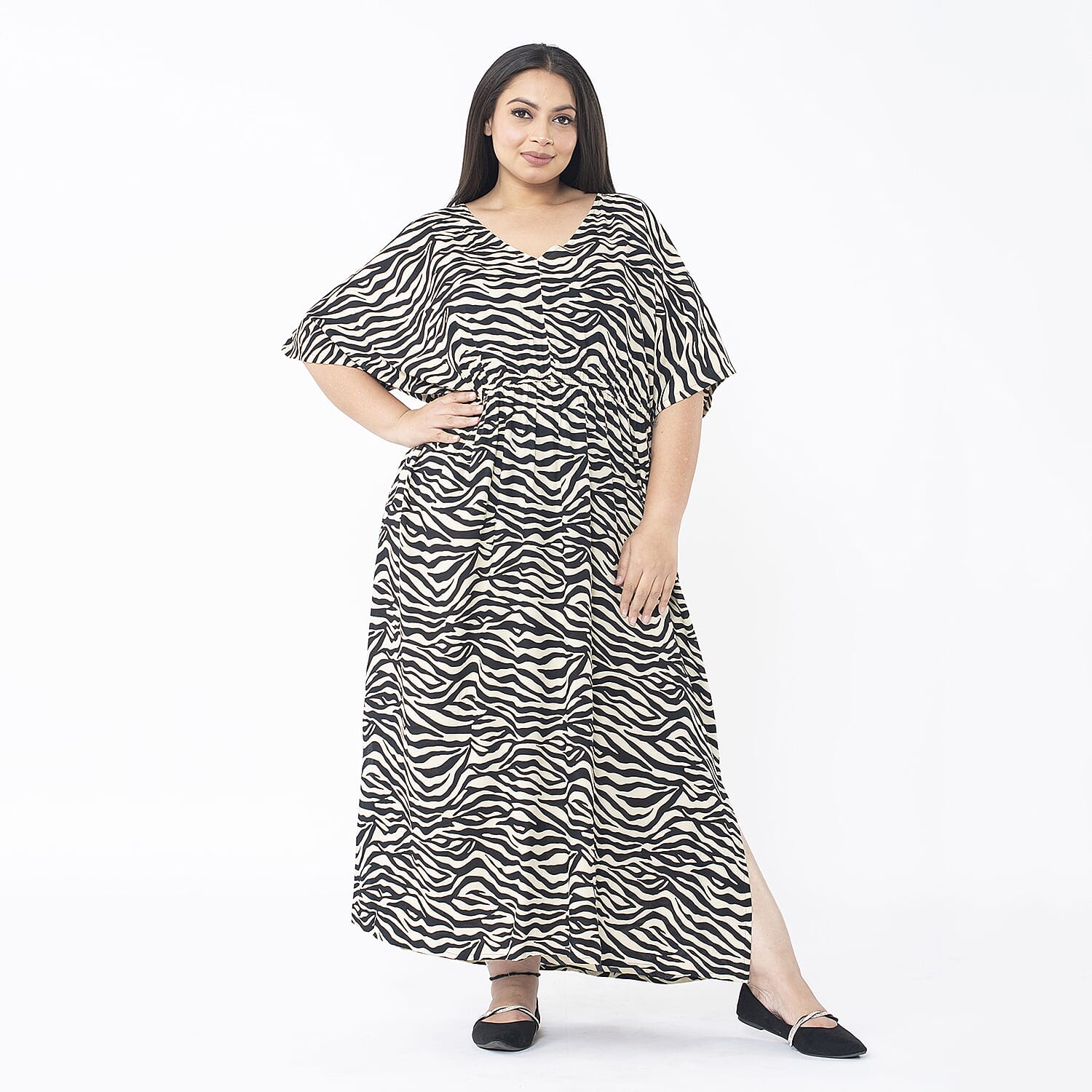 TAMSY , 100% Rayon  Zebra Print  Elastic Waist Dress with V Neck -SIZE-0NE SIZE MISSY, COLOUR -BEIGE/BLACK