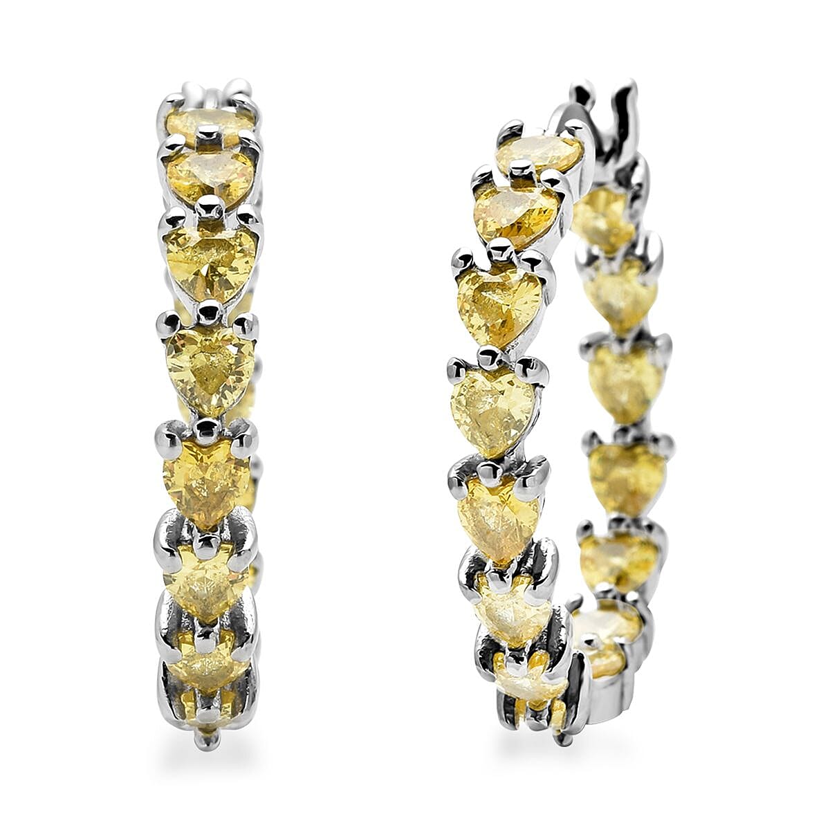 Simulated Yellow Diamond Heart Inside Out Hoop Earrings in Silvertone 2.50 ctw