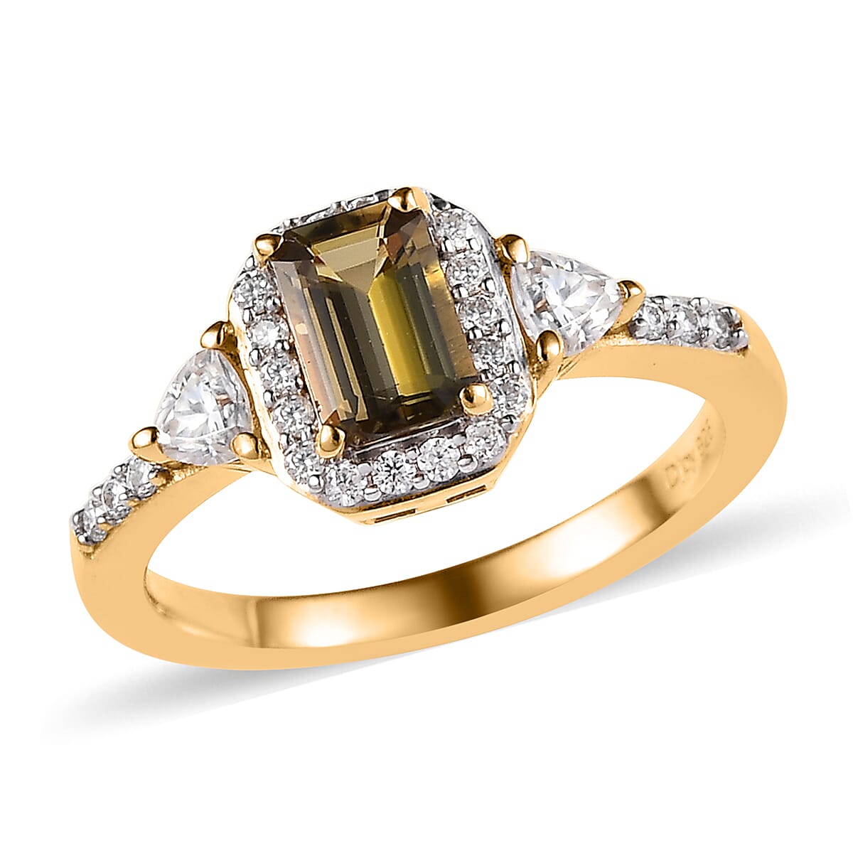 Golden Tanzanite and Moissanite Halo Ring in Vermeil YG Over Sterling Silver (Size 10.0) 0.90 ctw
