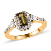 Golden Tanzanite and Moissanite Halo Ring in Vermeil YG Over Sterling Silver (Size 10.0) 0.90 ctw