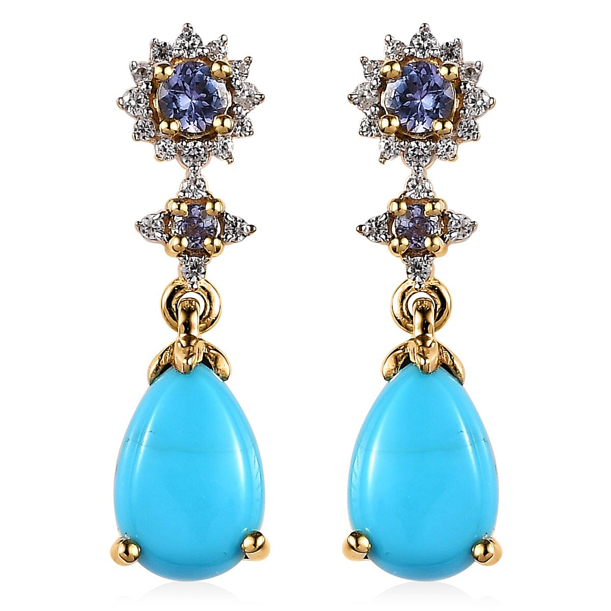 D'Joy Premium Sleeping Beauty Turquoise and Multi Gemstone Dangling Earrings in Vermeil Yellow Gold Over Sterling Silver 3.10 ctw