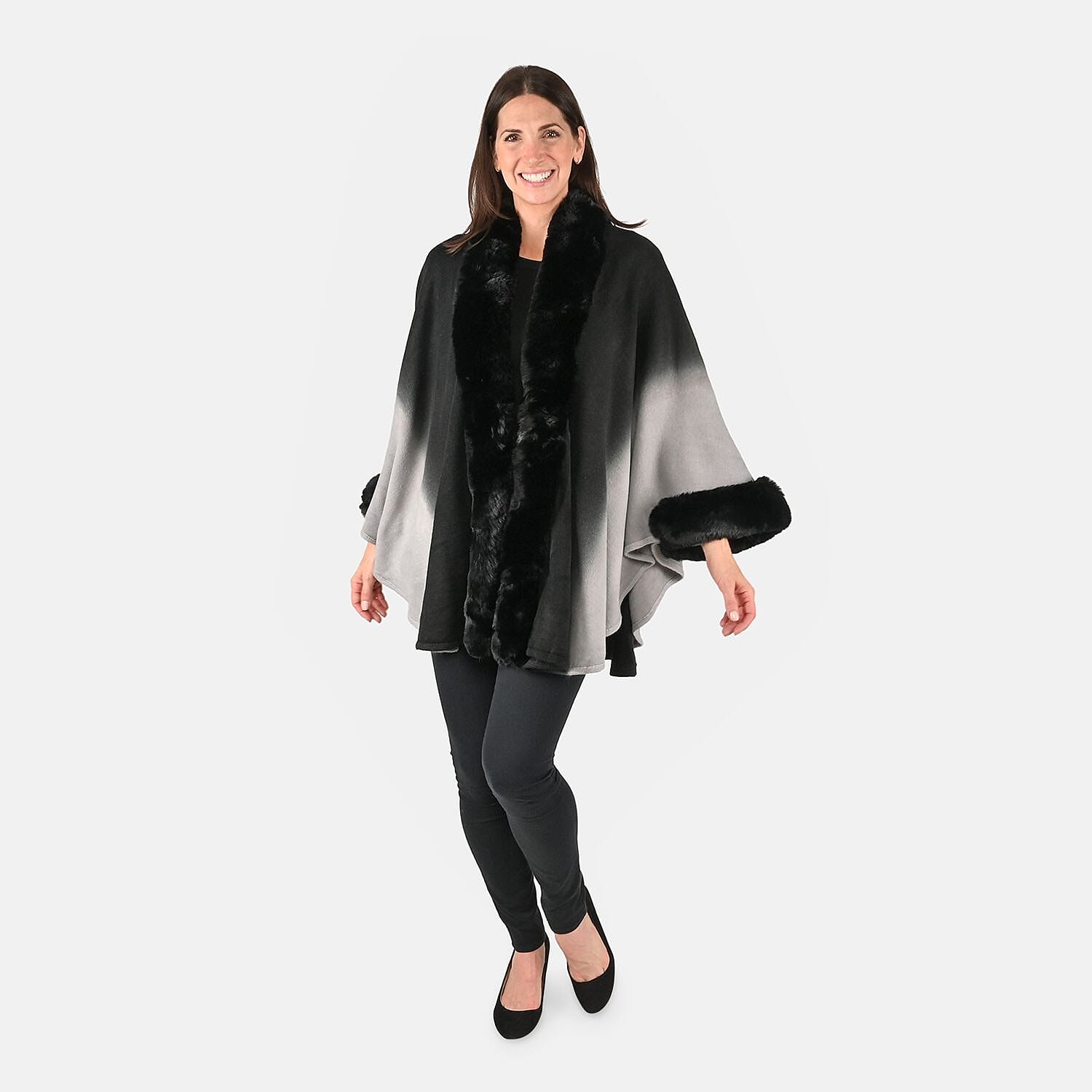 Tamsy Black Faux Fur Cape with Gradient - One Size Fits Most