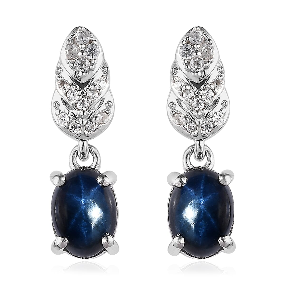 Blue Star Sapphire (DF) and White Zircon Dangle Earrings in Platinum Over Sterling Silver 3.75 ctw