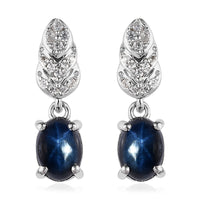 Blue Star Sapphire (DF) and White Zircon Dangle Earrings in Platinum Over Sterling Silver 3.75 ctw