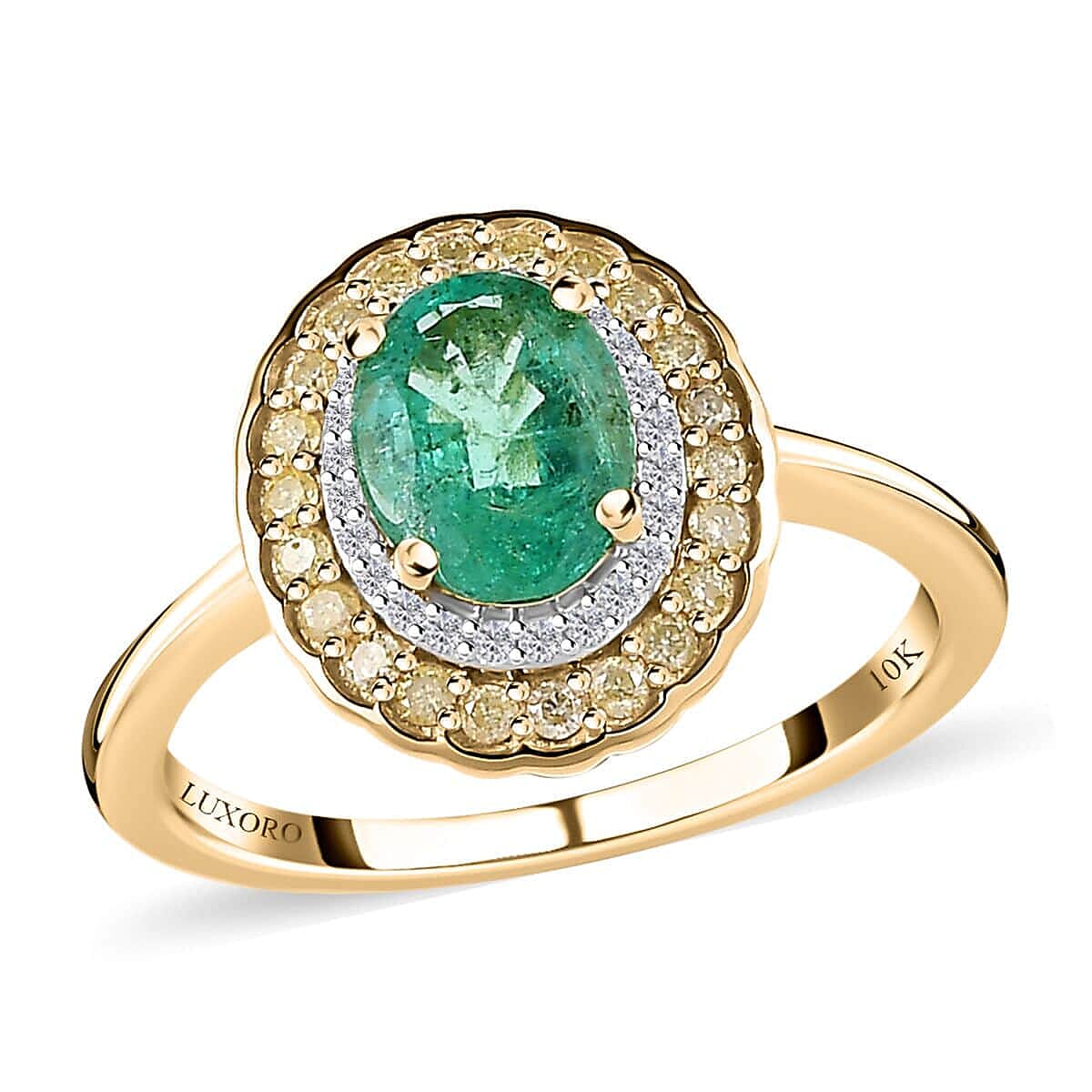 Doorbuster Luxoro 10K Yellow Gold AAA Kagem Zambian Emerald, I2-I3 Natural Yellow and White Diamond Double Halo Ring 1.50 ctw
