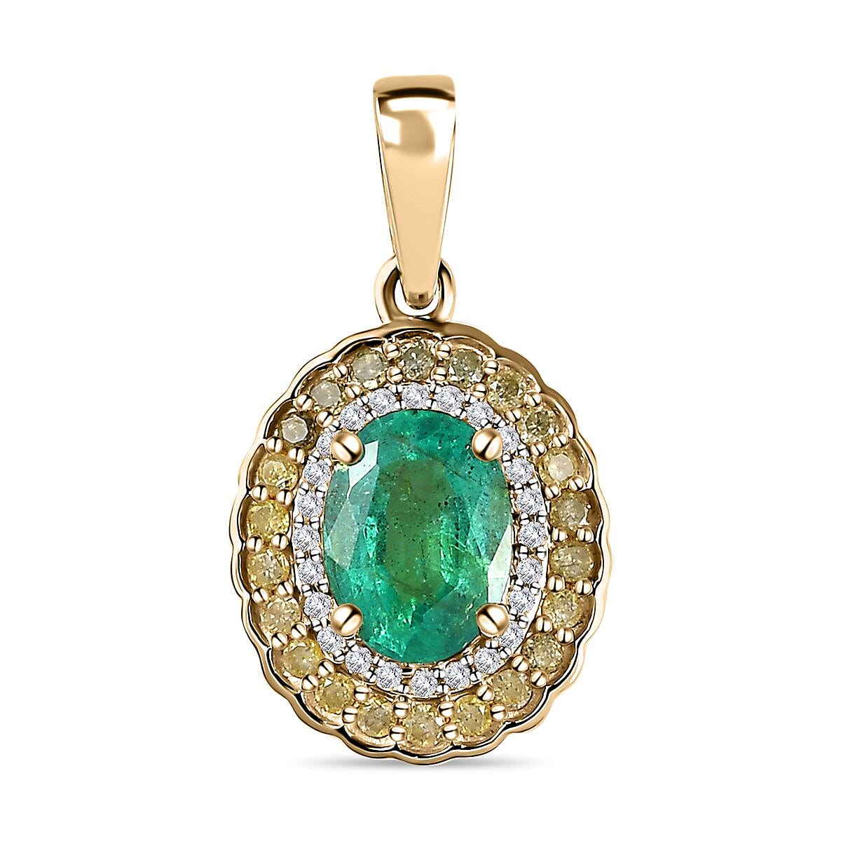 Luxoro 10K Yellow Gold AAA Kagem Zambian Emerald, Natural Yellow and White Diamond I2-I3 Double Halo Pendant without Chain 1.60 ctw