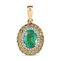 Luxoro 10K Yellow Gold AAA Kagem Zambian Emerald, Natural Yellow and White Diamond I2-I3 Double Halo Pendant without Chain 1.60 ctw