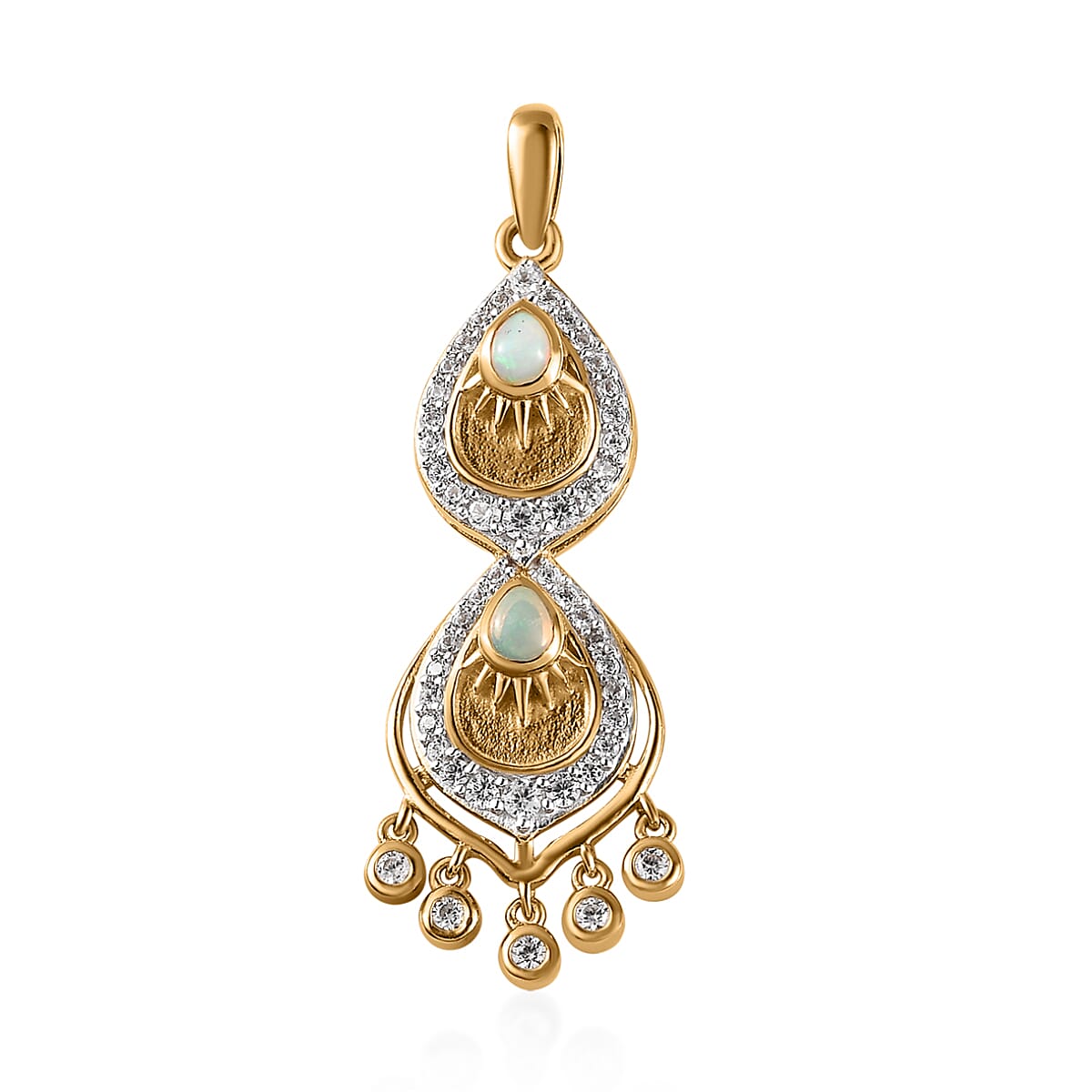 Ethiopian Welo Opal and White Zircon Pendant in Vermeil Yellow Gold Over Sterling Silver 1.00 ctw