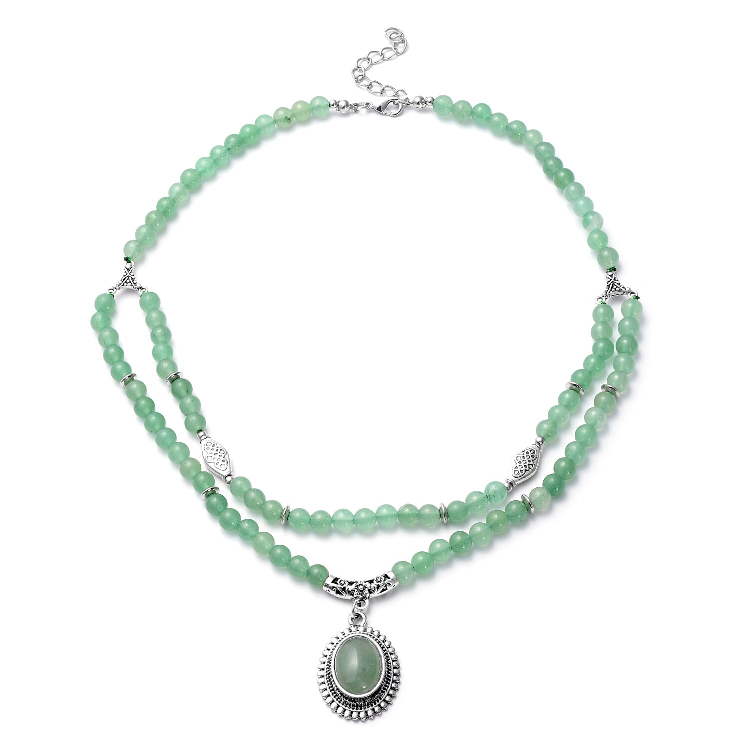 Green Aventurine Beaded Layered Necklace 18-20 Inches in Silvertone 208.50 ctw