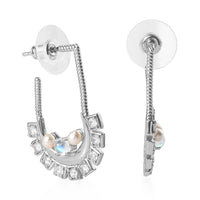 Rainbow Moonstone, Freshwater Pearl and White Zircon Earrings in Platinum Over Sterling Silver 2.80 ctw