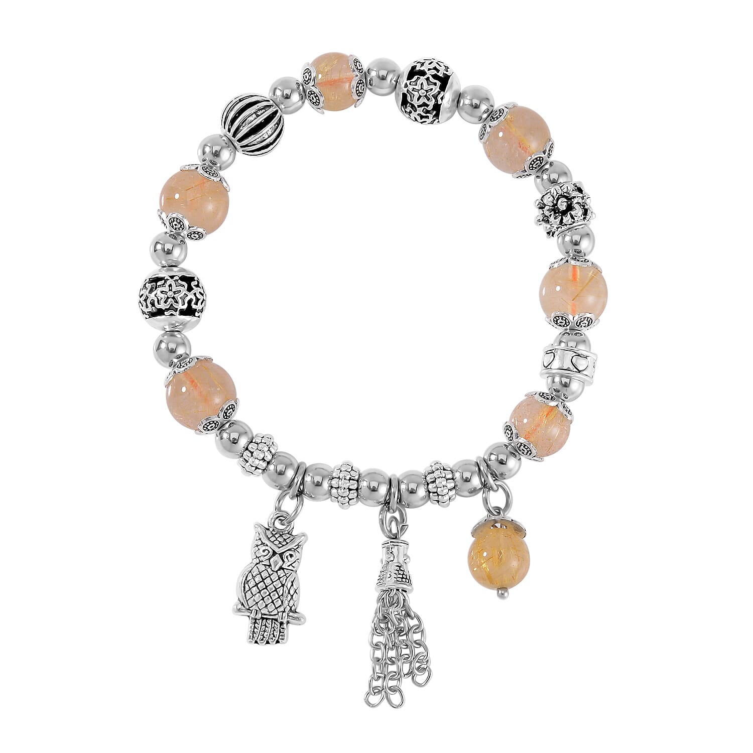 Golden Rutilated Quartz Beaded Stretch Bracelet with Silvertone Charm 47.10 ctw
