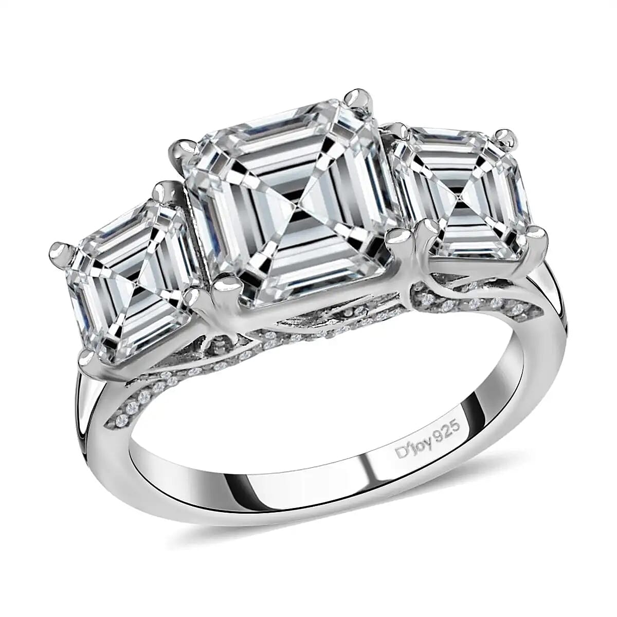 Doorbuster Asscher Cut Moissanite Trilogy Ring in Platinum Over Sterling Silver (Del. in 5-7 Days) 5.25 ctw