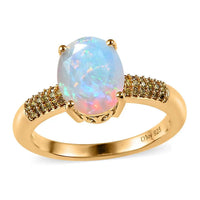Doorbuster AAA Ethiopian Welo Opal and Yellow Diamond Ring in Vermeil Yellow Gold Over Sterling Silver (Size 10.0) 1.40 ctw