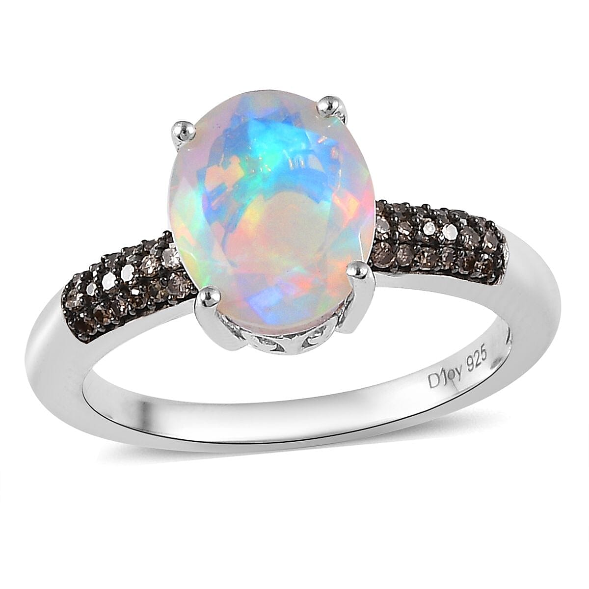 AAA Ethiopian Welo Opal and Natural Champagne Diamond Ring in Platinum Over Sterling Silver 1.75 ctw