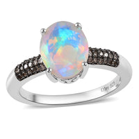 AAA Ethiopian Welo Opal and Natural Champagne Diamond Ring in Platinum Over Sterling Silver 1.75 ctw