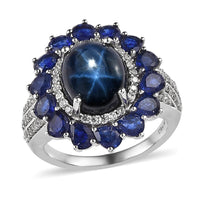 Star Blue Sapphire (DF) and Multi Gemstone Floral Ring in Platinum Over Sterling Silver (Size 10.0) 10.20 ctw