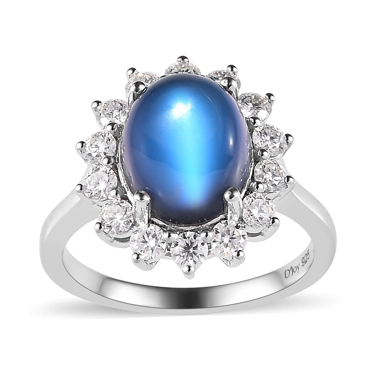 Aurora Moonstone, Moissanite Sunburst Ring in Platinum Over Sterling Silver (Size 10.0) 5.00 ctw