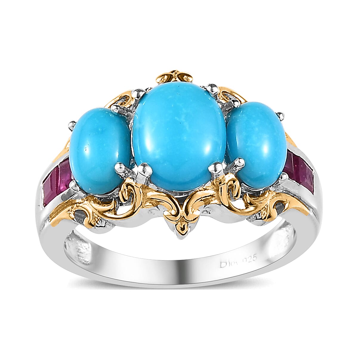 Premium Sleeping Beauty Turquoise, Niassa Ruby (FF) Ring in Vermeil YG and Platinum Over Sterling Silver (Size 10.0) (Del. in 3-5 Days) 3.50 ctw