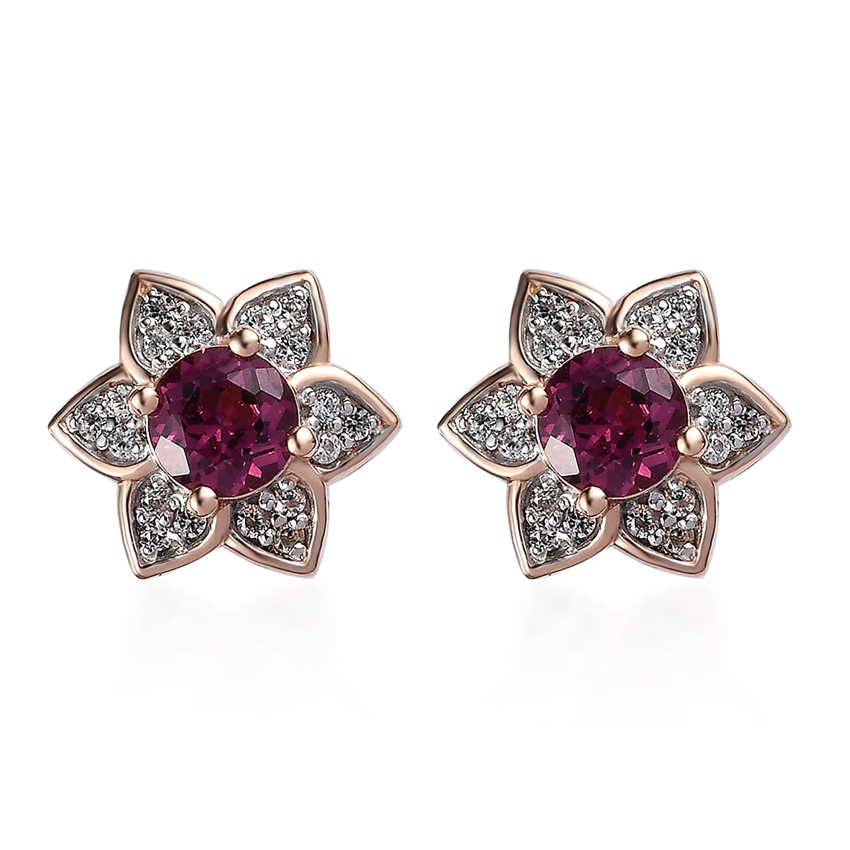 Tanzanian Rhodolite Garnet and White Zircon Flower Stud Earrings in Vermeil Rose Gold Over Sterling Silver 1.50 ctw