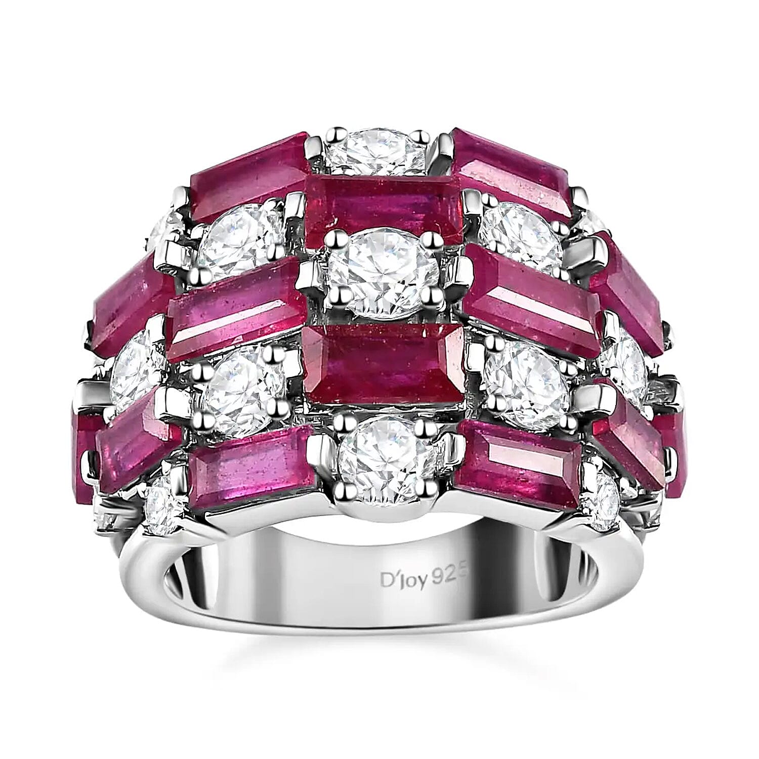 Doorbuster Niassa Ruby (FF) and Moissanite Ring in Platinum Over Sterling Silver (Size 10.0) 7.60 ctw