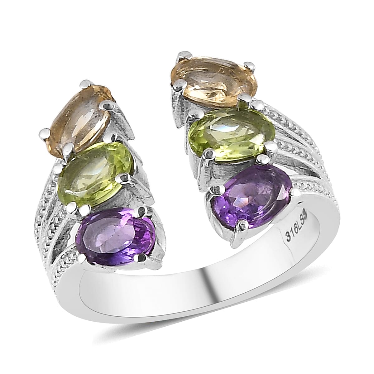 African Amethyst, Peridot, Brazilian Citrine Open Band Ring in Stainless Steel (Size 10.0) 2.65 ctw