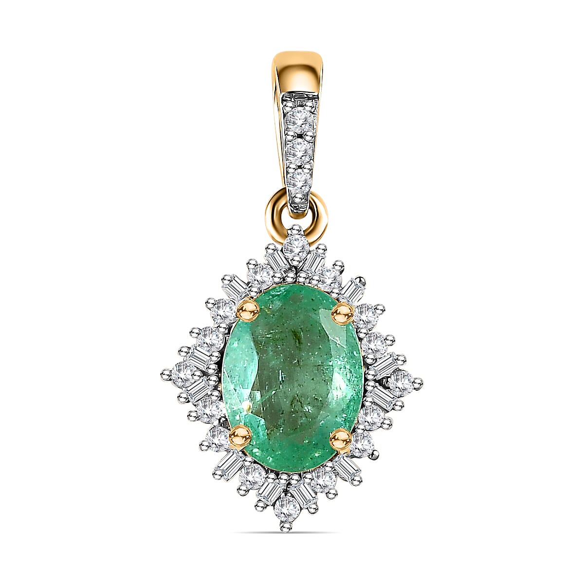 Luxoro 10K Yellow Gold Premium Ethiopian Emerald and G-H I3 Diamond Halo Pendant without Chain 1.40 ctw