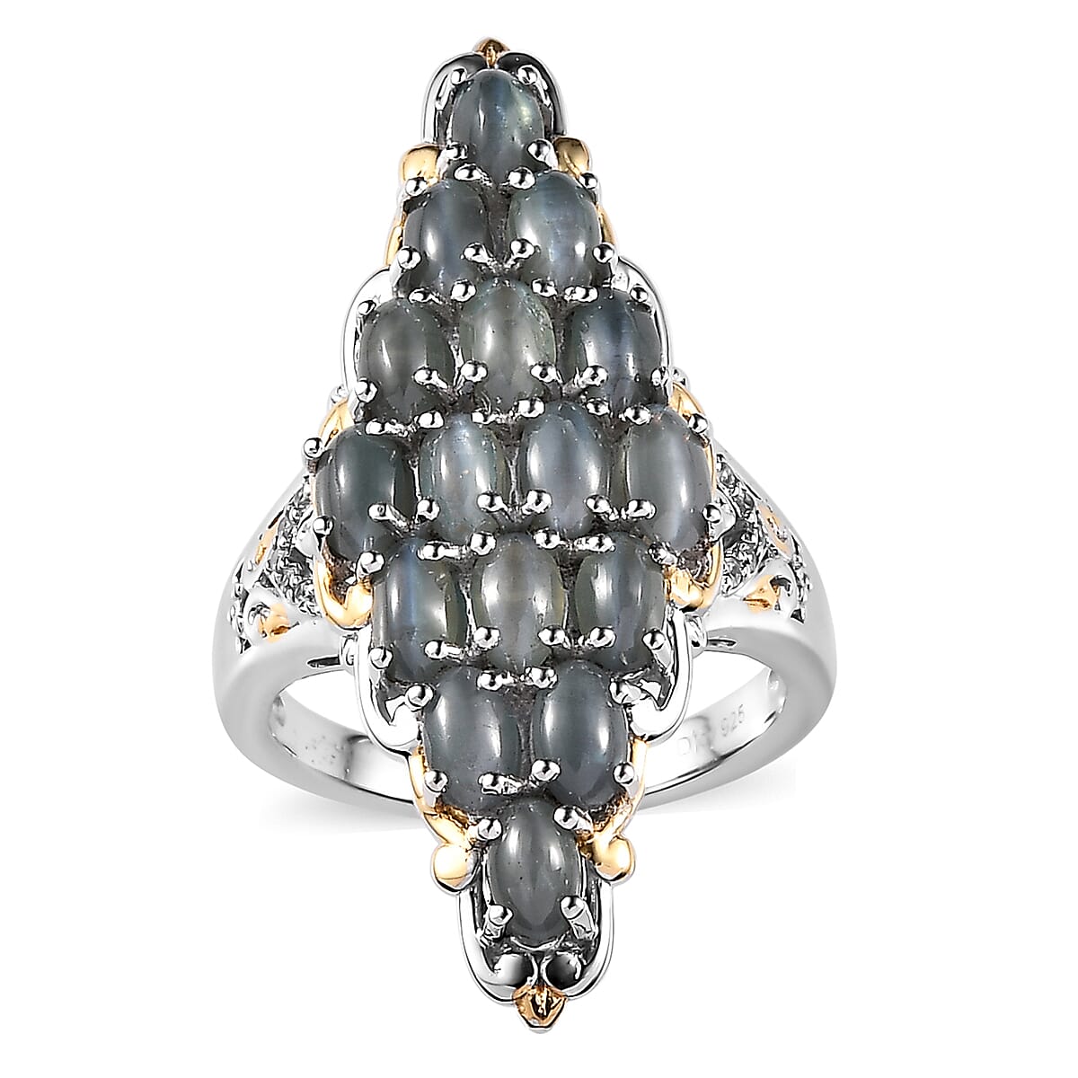 Doorbuster Premium Chrysoberyl Cat's Eye and White Zircon Elongated Ring in Vermeil YG and Platinum Over Sterling Silver (Size 7.0) 5.90 ctw