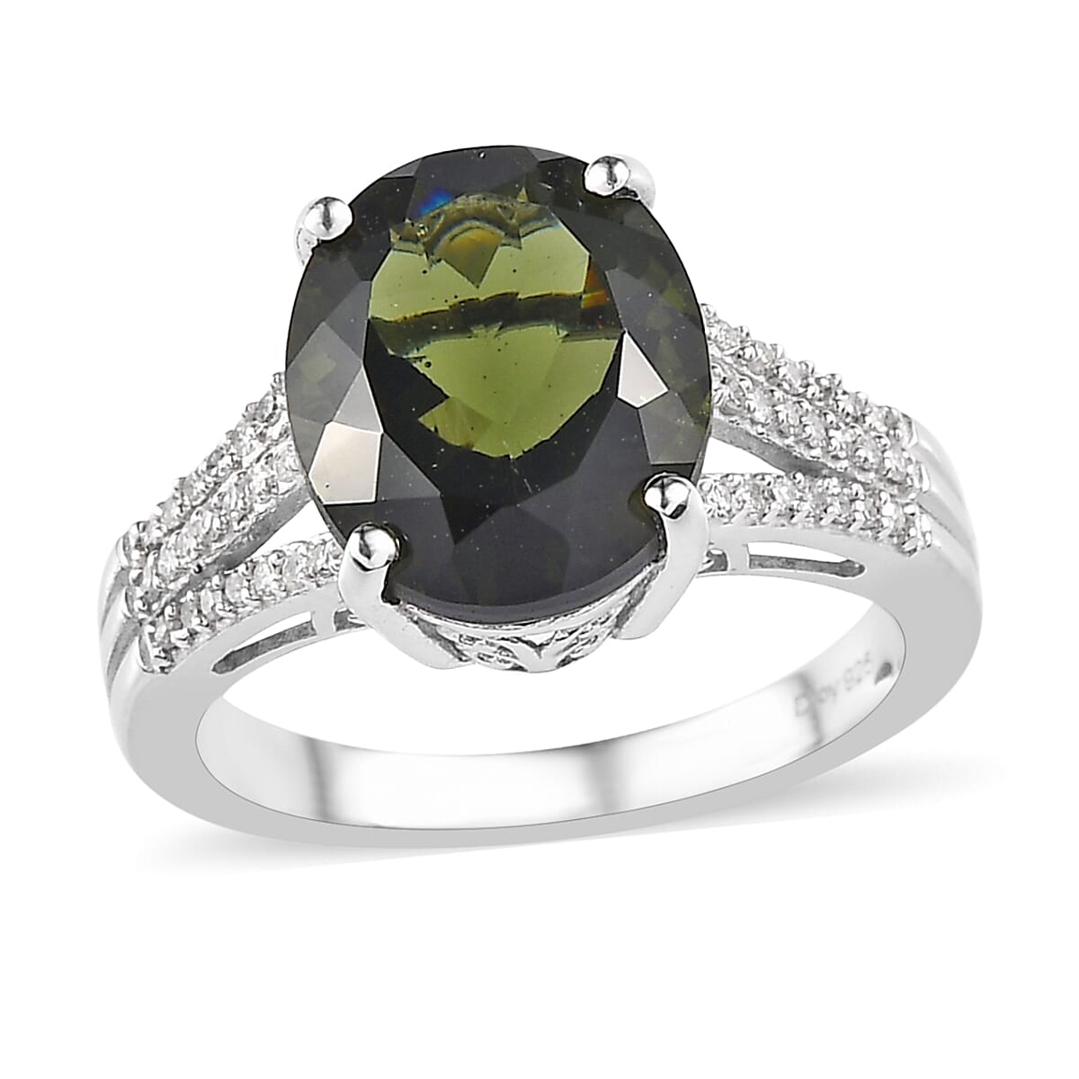 Premium Bohemian Moldavite, Diamond (0.15 cts) Split Shank Ring in Platinum Over Sterling Silver (Size 6.0) 4.25 ctw