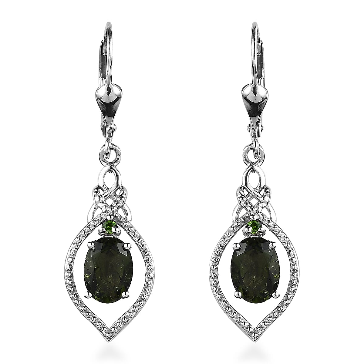 Bohemian Moldavite and Chrome Diopside Dangling Earrings in Platinum Over Sterling Silver 2.10 ctw