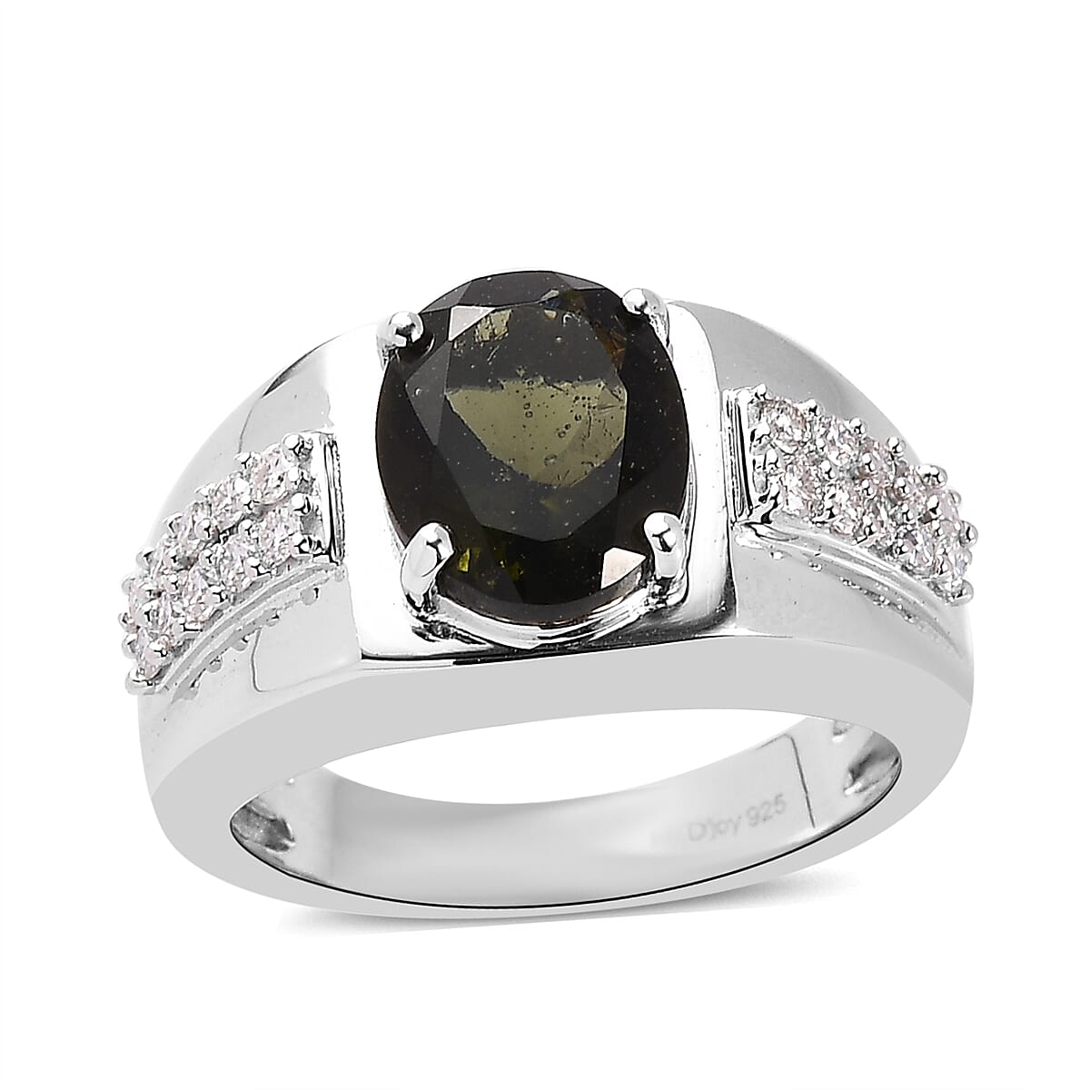 Premium Bohemian Moldavite and Moissanite Men's Ring in Platinum Over Sterling Silver 3.35 ctw