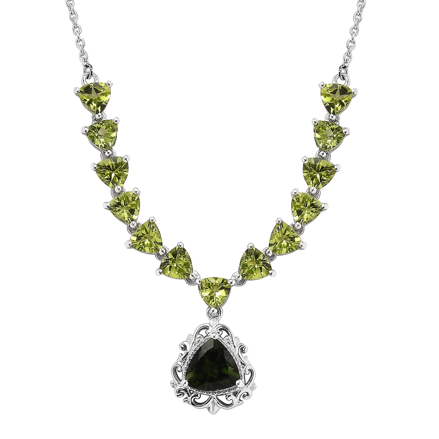Premium Bohemian Moldavite and Peridot Necklace 18 Inches in Platinum Over Sterling Silver 7.60 ctw