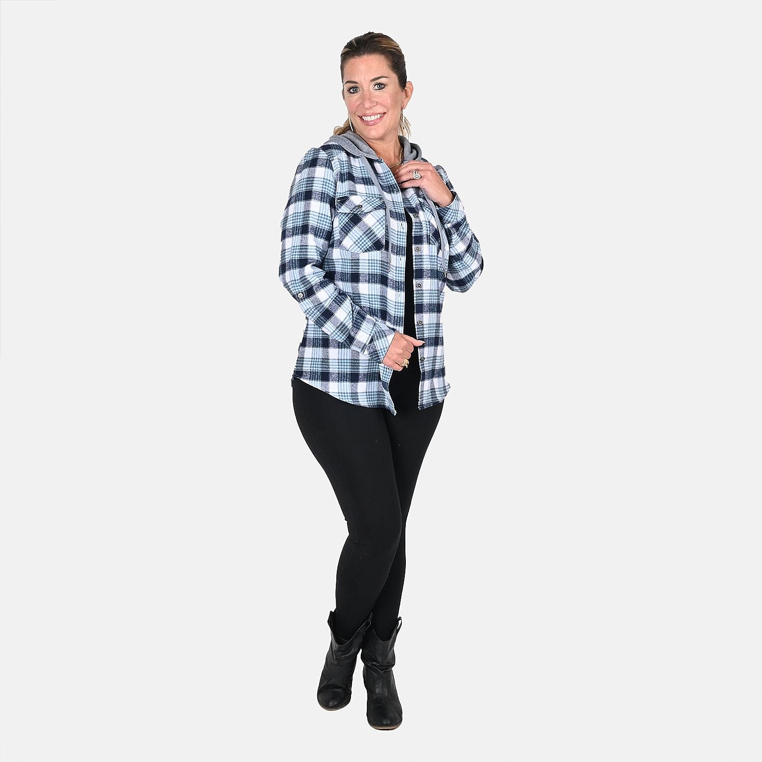 Victory Sportswear Blue and White Plaid Pattern Cotton Shirt with Fleece Hood -S