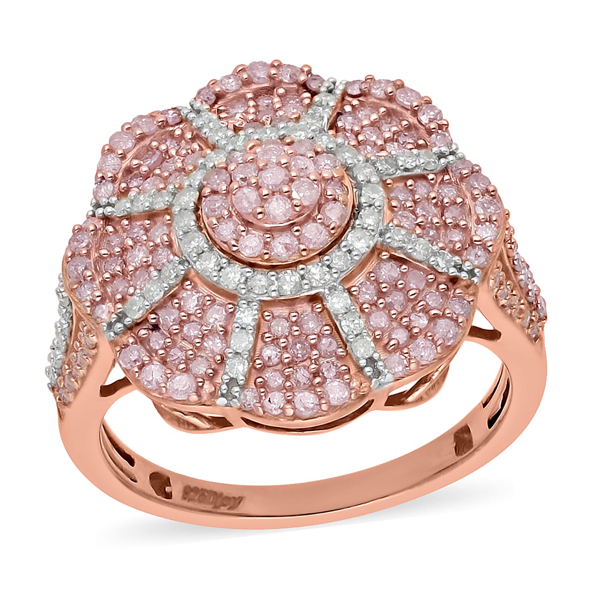 Natural Pink and White Diamond Ring in Vermeil Rose Gold Over Sterling Silver (Size 7.0) 1.00 ctw