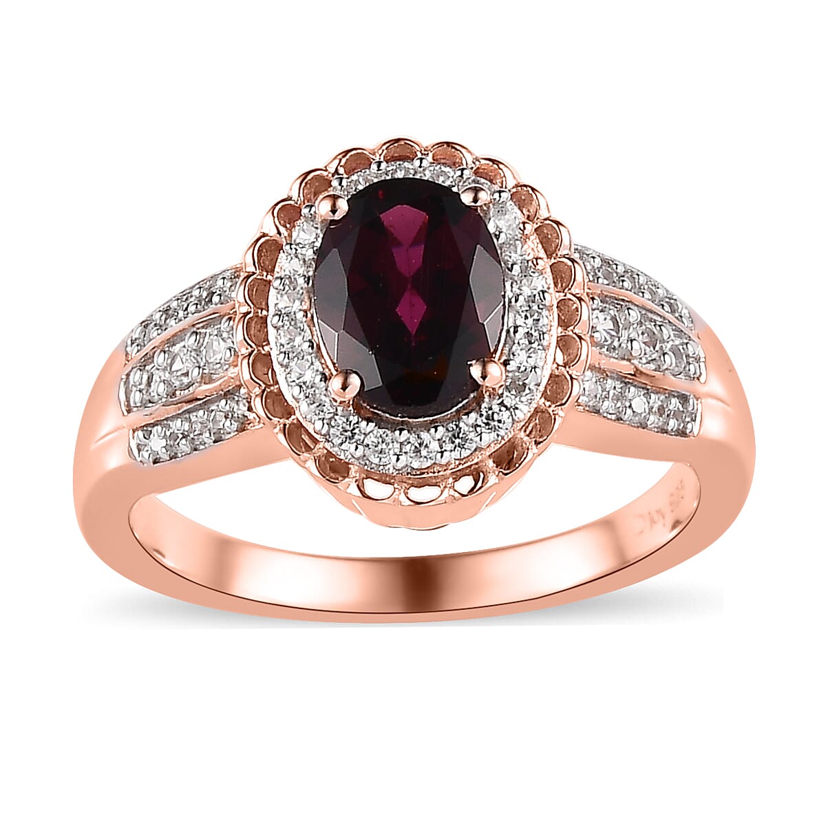 Tanzanian Rhodolite Garnet and White Zircon Halo Ring in Vermeil Rose Gold Over Sterling Silver 1.85 ctw